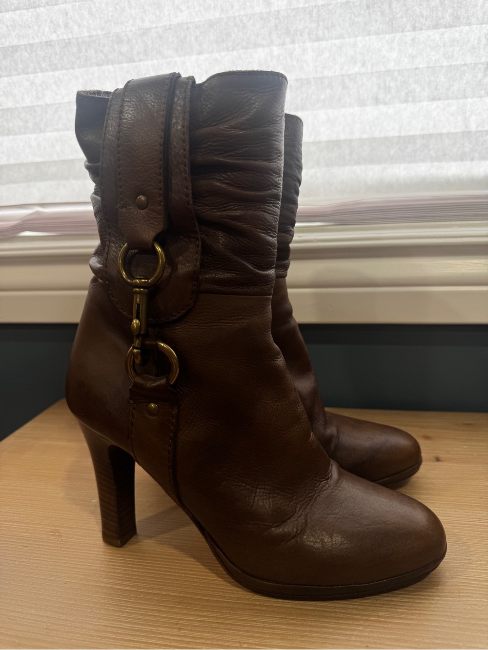 Coach Brown Leather Mid-Calf High-Heel Ankle Boots